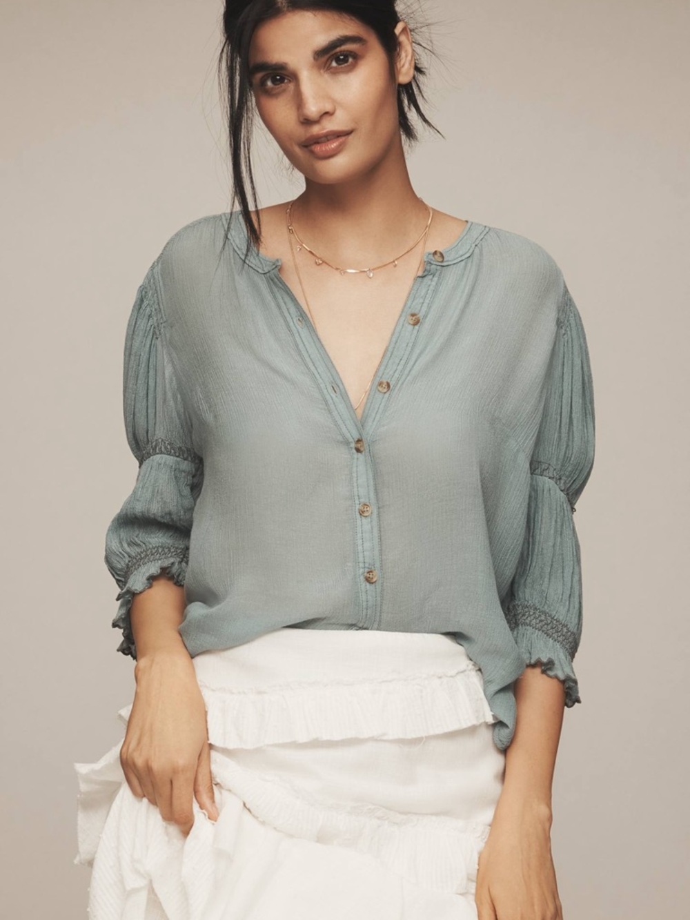 Anthropologie Pilcro Gauzy Bubble Sleeve Buttondown Top